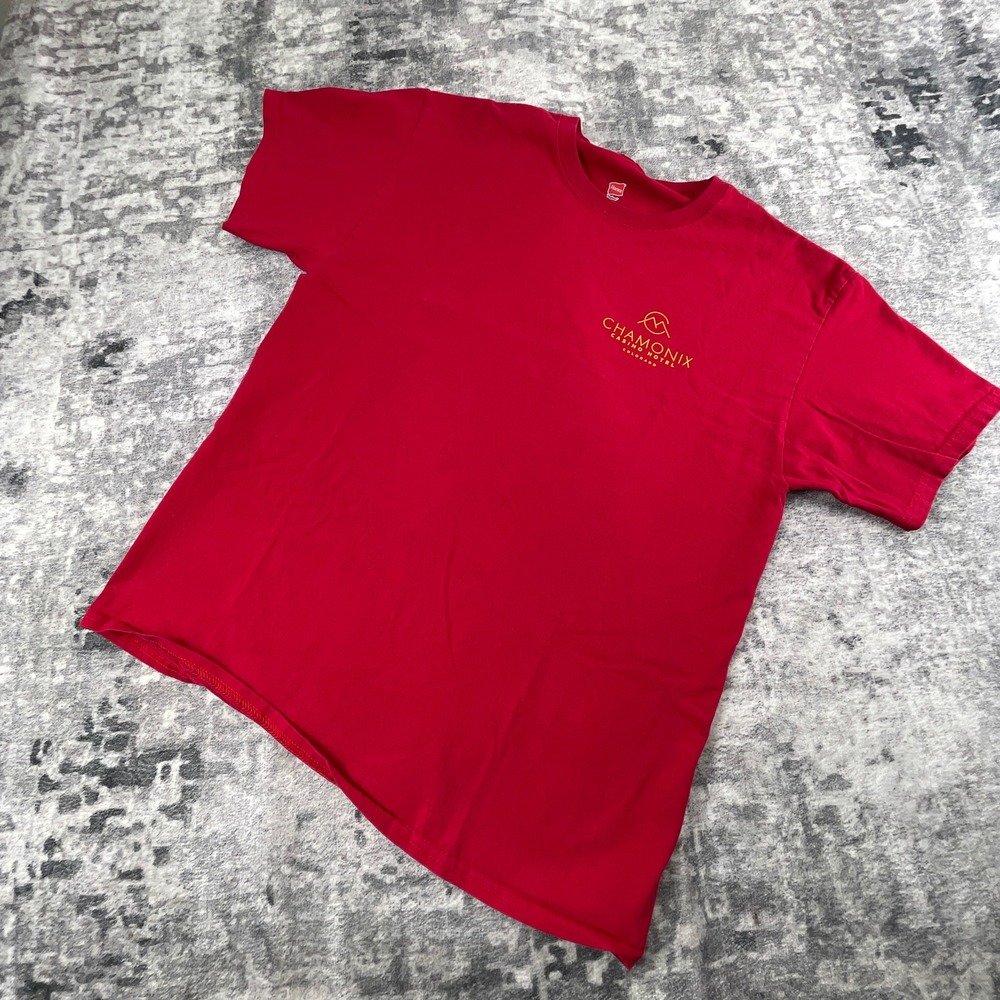 Hanes Mens Large Shirt Red Chamonix Casino Hotel Colorado Graphic Tee Solid